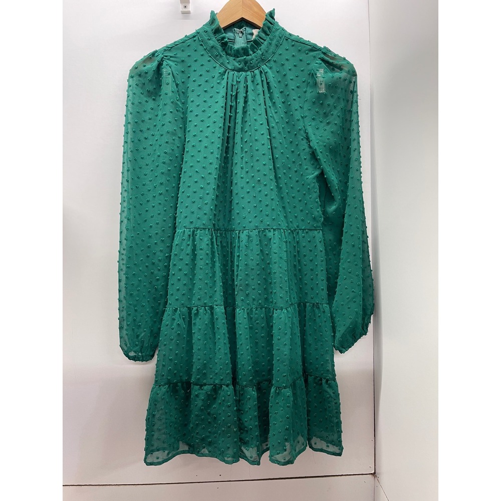 Altar'd State Green Swiss Dot Tiered Ruffle Neck Mini Dress Medium
